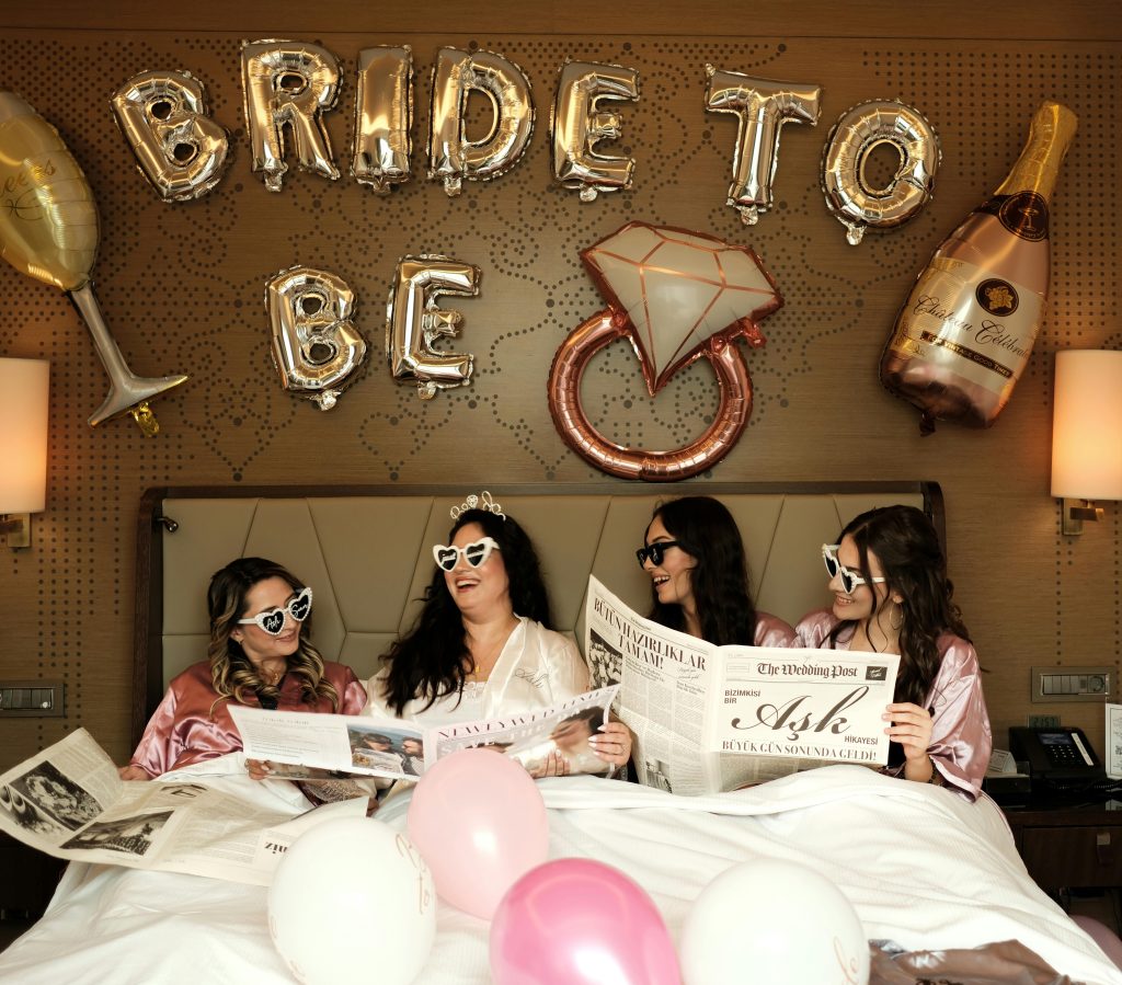 a bride surrounded by her hen's dressed up